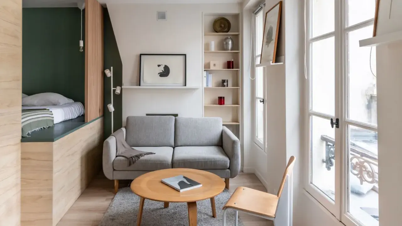 Aménagement intérieur appartement : un salon cosy avec canapé gris, table basse en bois, et un lit surélevé dans un coin.