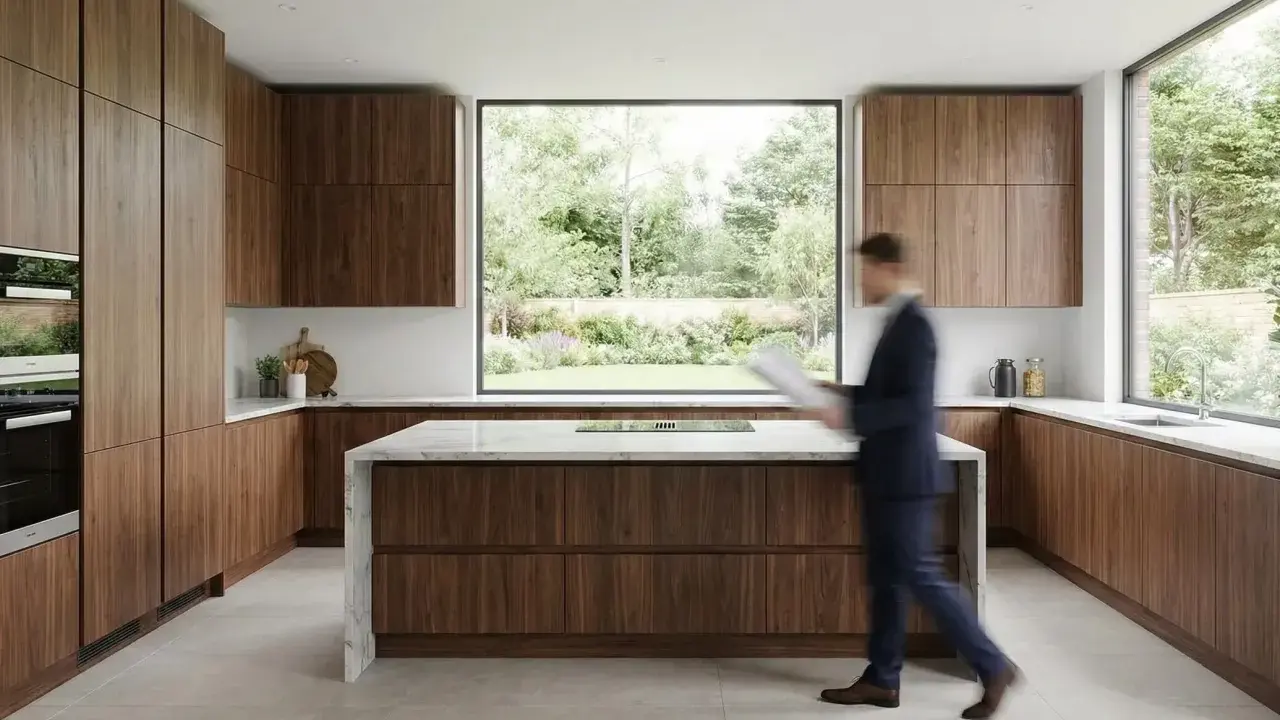 Cuisine moderne en 2 parties, avec des armoires en bois de noyer et un îlot central en marbre. Une grande fenêtre donne sur un jardin luxuriant.