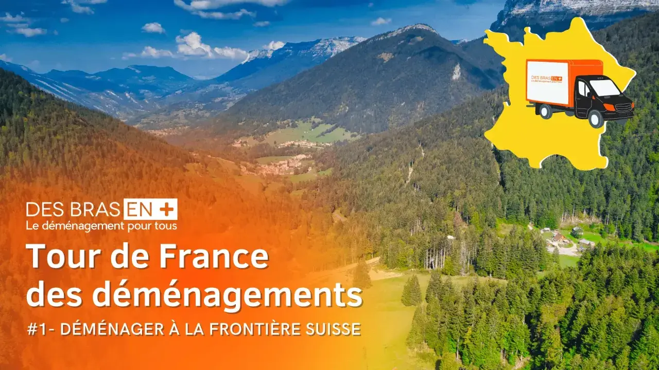 Un camion de déménagement sur une carte de France, prêt pour déménager en Suisse. Paysage montagneux en arrière-plan.