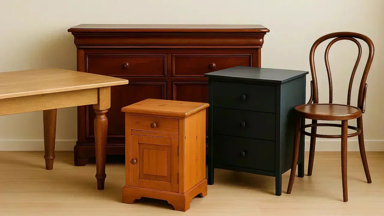 Un petit meuble en bois orange, une commode sombre et une chaise courbée, prêts à être relookés.