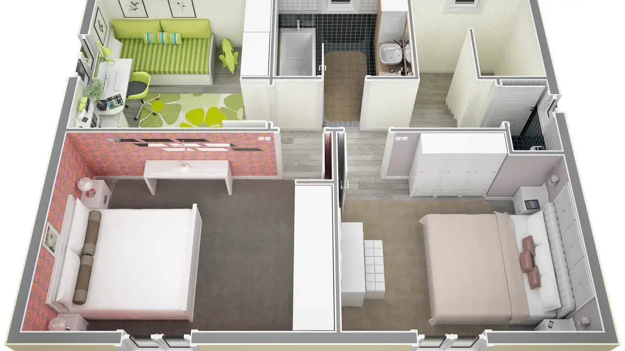 Plan d'un appartement 40m2 1 chambre : salon, bureau, salle de bain, deux chambres.