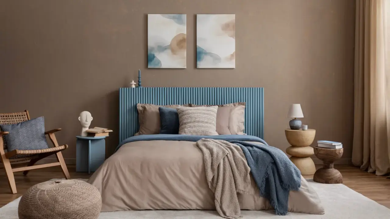 Une peinture de chambre adulte apaisante avec un lit douillet, un fauteuil en rotin et des œuvres d'art abstraites.