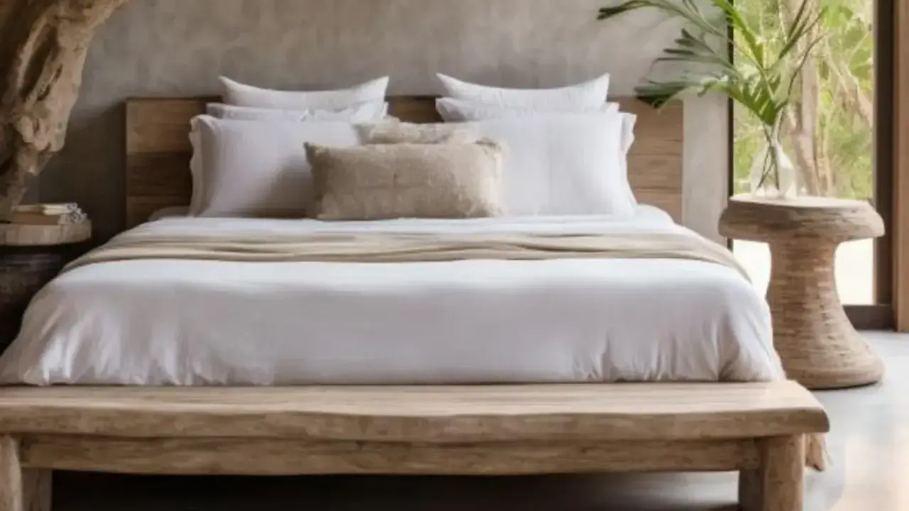 Lit de bois brut, draps blancs immaculés et coussin texturé créent une ambiance de parental chambre boheme chic. Une plante verte apporte une touche de nature.