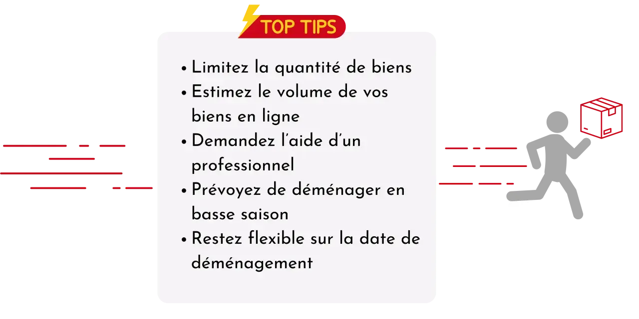 Conseils pour déménager rapidement : limiter les biens, estimer le volume, demander de l'aide, choisir la basse saison et rester flexible.