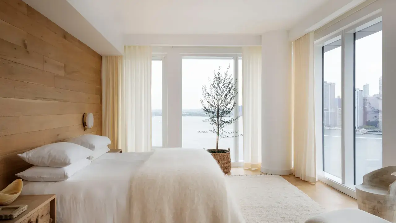 Une chambre à coucher simple et moderne avec un mur en bois, un lit blanc douillet et une vue imprenable sur la ville et l'eau.