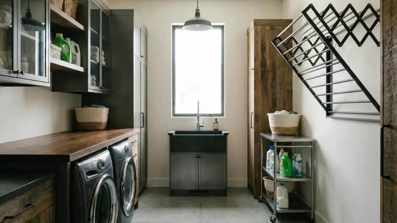 Ample space in this arrière cuisine, with two washers, a large sink, and plenty of storage. A drying rack is mounted on the wall.
