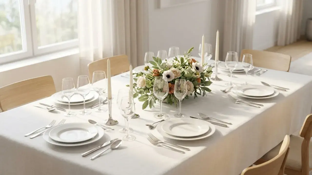 Un élégant centre de table floral orne une table dressée pour un repas, avec des bougies et des verres à vin.