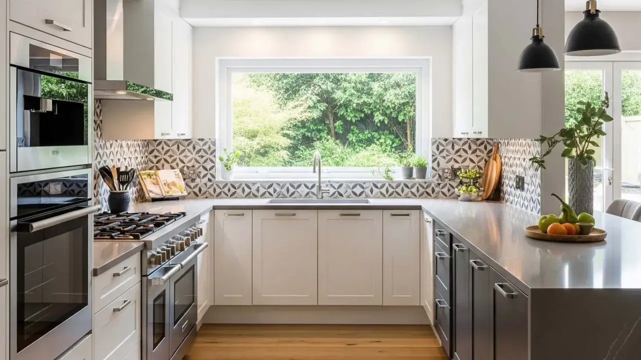 Plan d'une cuisine de 20m2 moderne avec îlot central, évier sous fenêtre, et électroménager en inox.