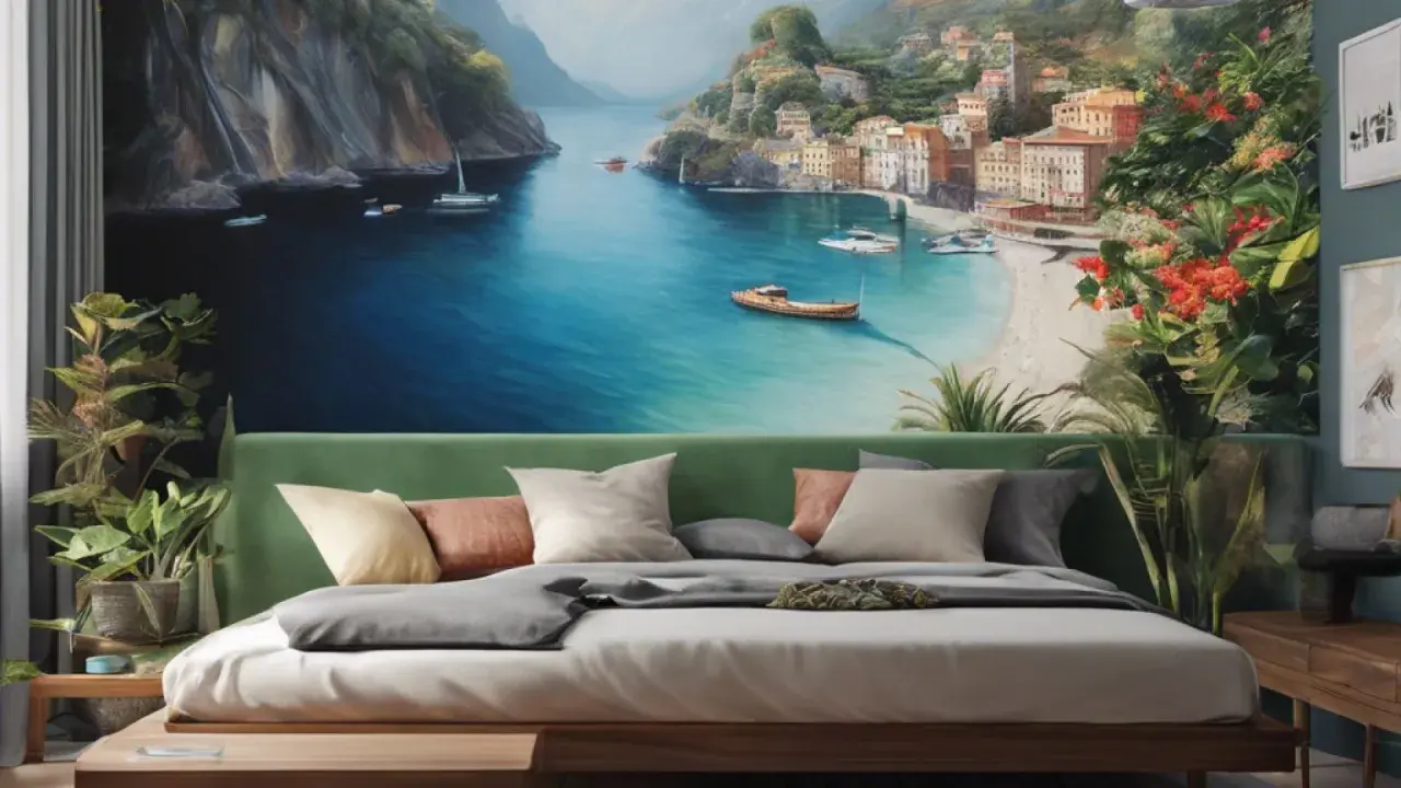 Une idée motif peinture murale : une baie méditerranéenne avec des villages colorés, des bateaux et une végétation luxuriante.