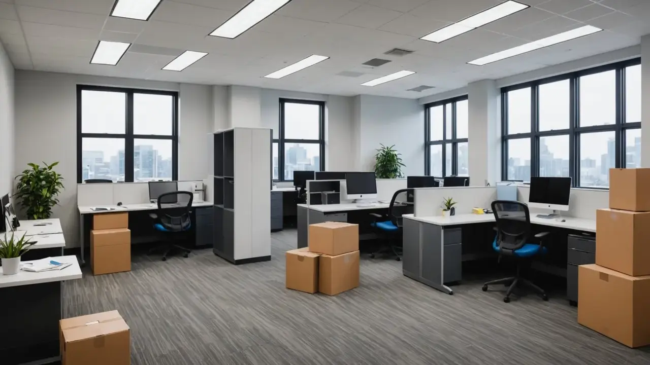Bureau moderne prêt pour un transfert, avec des boîtes en carton empilées.