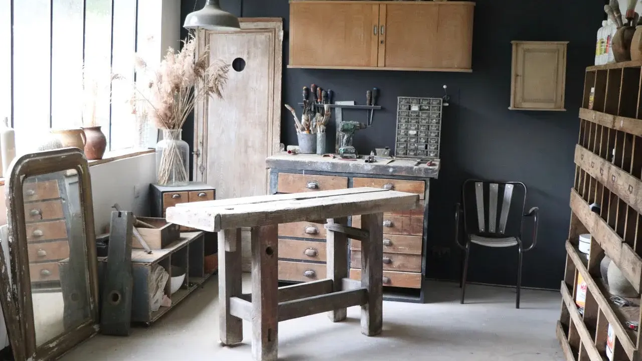 Atelier de rénovation meuble : établi en bois brut, outils, miroir ancien et étagères remplies d'objets chinés.