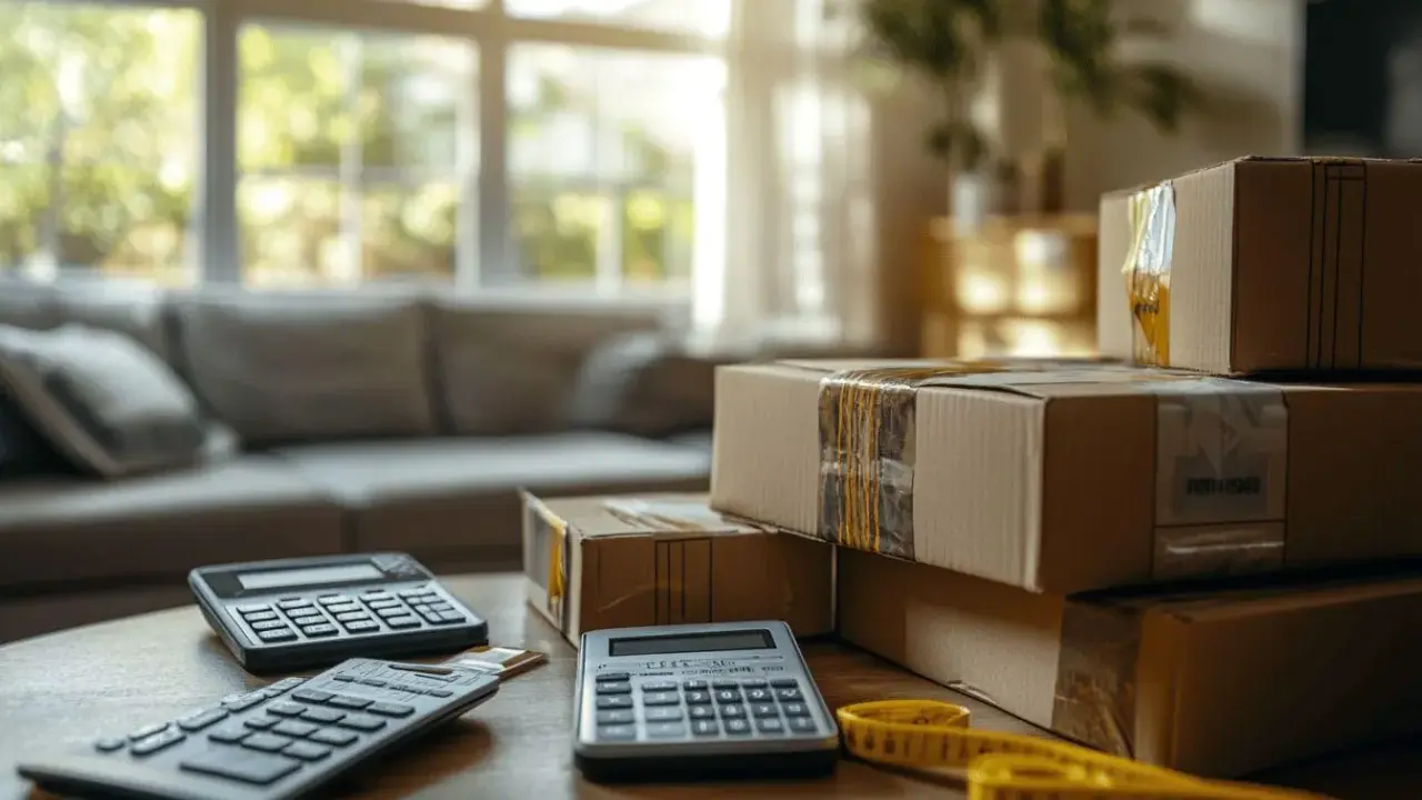 Calculatrices et cartons sur une table, prêts pour estimer le prix déménagement m3.