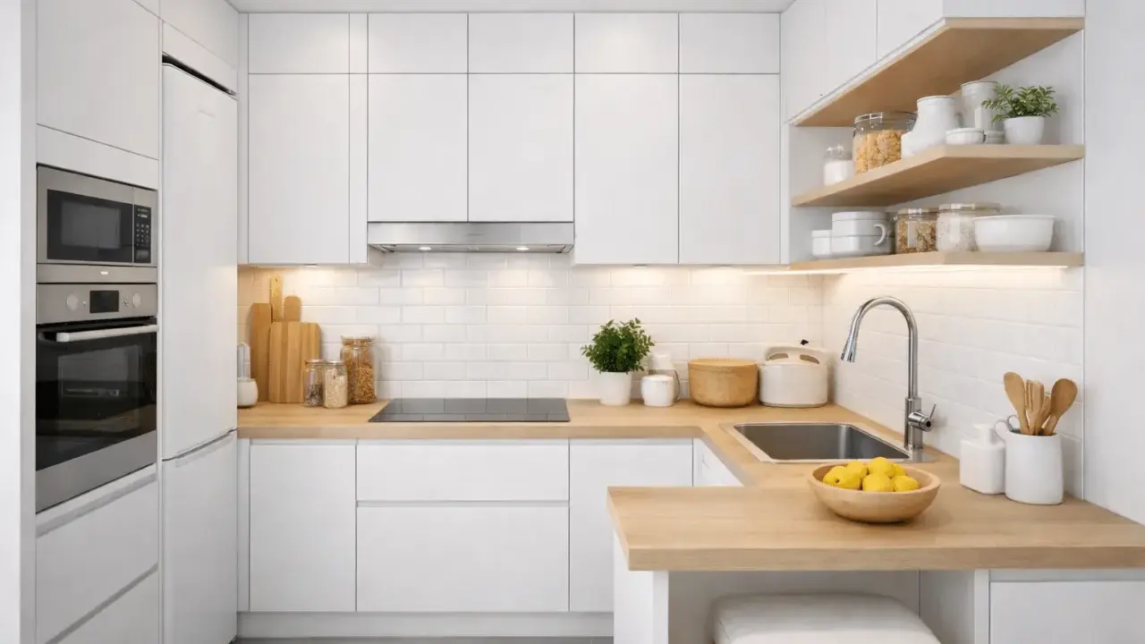 Cuisine petit espace : rangements blancs, plan de travail en bois, électroménagers intégrés, étagères ouvertes avec bocaux et ustensiles.
