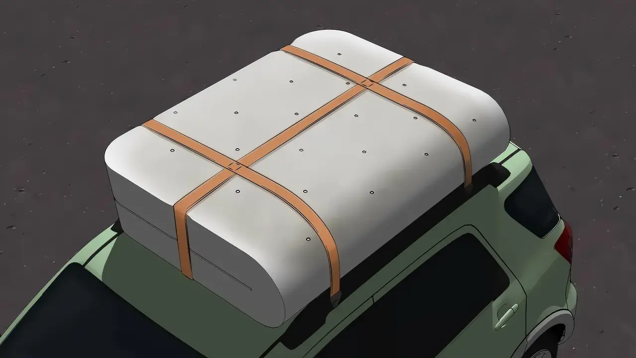 Un matelas est solidement attaché sur le toit d'une voiture verte, prêt pour le transport. Il montre comment rouler un matelas pour le transporter efficacement.