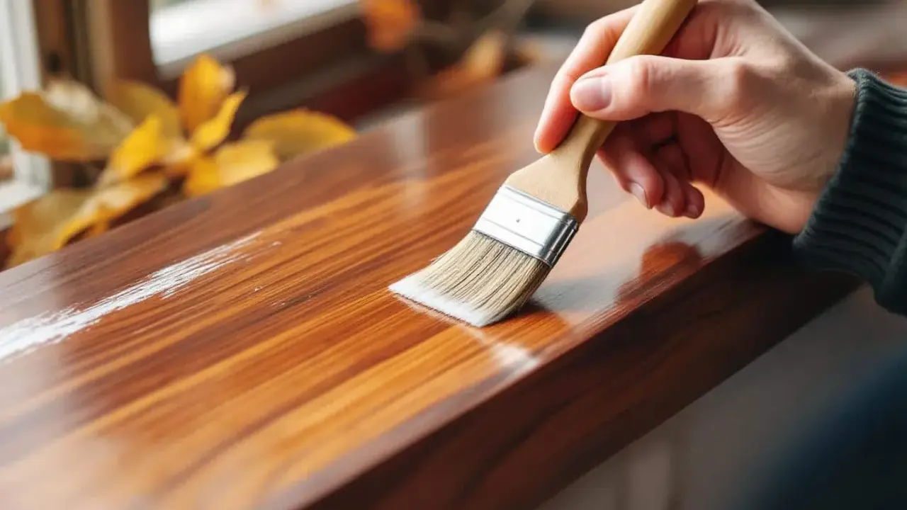 Main d'une personne appliquant une couche de vernis pour blanchir du bois. Les feuilles d'automne sont visibles en arrière-plan.