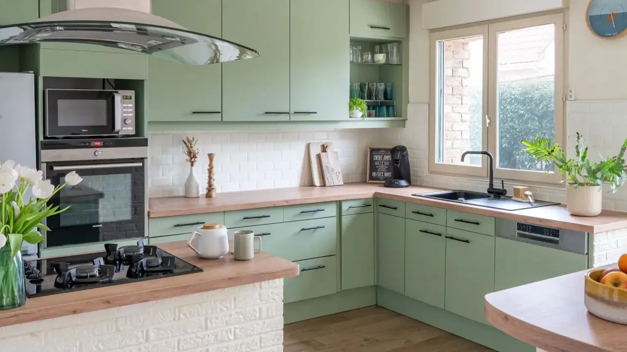 Cuisine vert d'eau et bois, avec des armoires douces, un plan de travail en bois chaleureux et des touches de blanc. Un espace invitant pour cuisiner et partager.