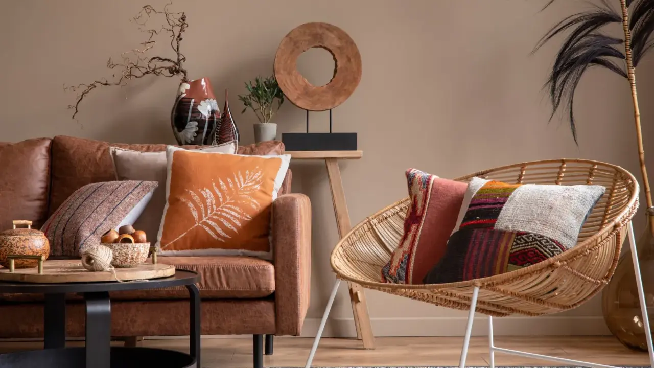 Salon chaleureux avec canapé en cuir marron, coussins colorés et fauteuil en rotin. Une belle idee deco interieur pour une ambiance cosy.