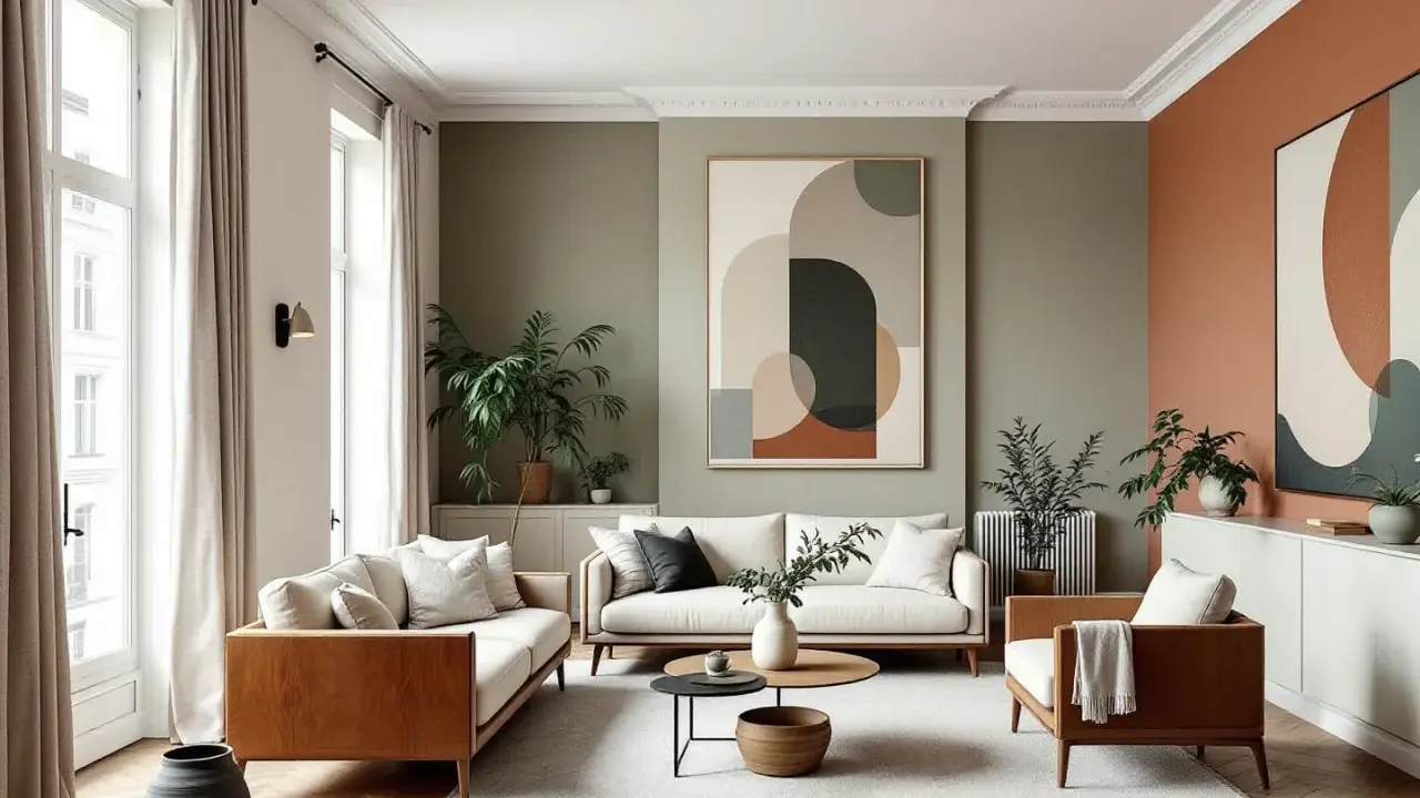 Salon moderne avec canapés blancs, meubles en bois, plantes vertes et un grand tableau abstrait sur un mur blanc.