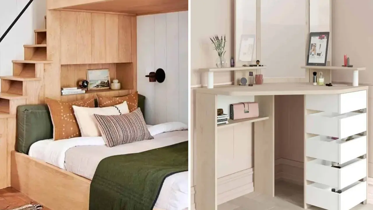 Aménagement astucieux d'une chambre 10m2 : lit mezzanine en bois avec escalier intégré et coiffeuse d'angle fonctionnelle.