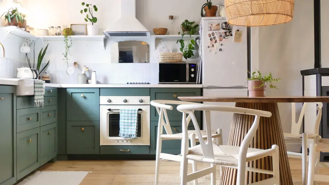 Cuisine verte avec four blanc, îlot central en bois et chaises blanches. Un modèle de cuisine simple et chaleureux.