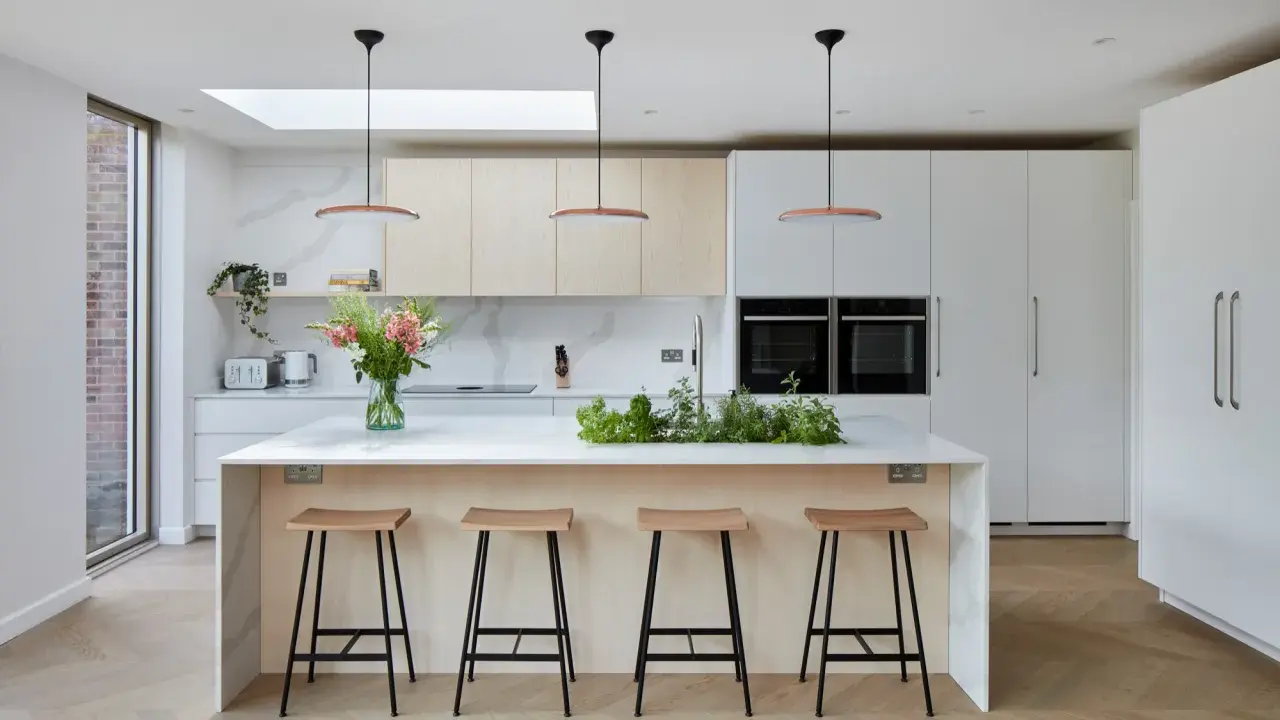 Élégante cuisine ouverte avec îlot central, tabourets en bois, et un jardin d'herbes aromatiques. Des armoires blanches et des fours intégrés complètent ce design moderne.
