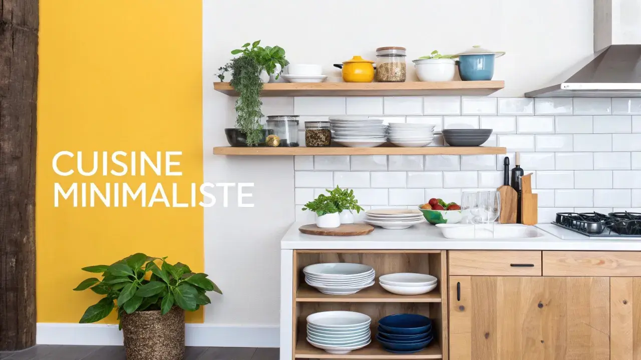 Cuisine minimaliste, un exemple de home staging réussi avec vaisselle épurée et touches végétales.