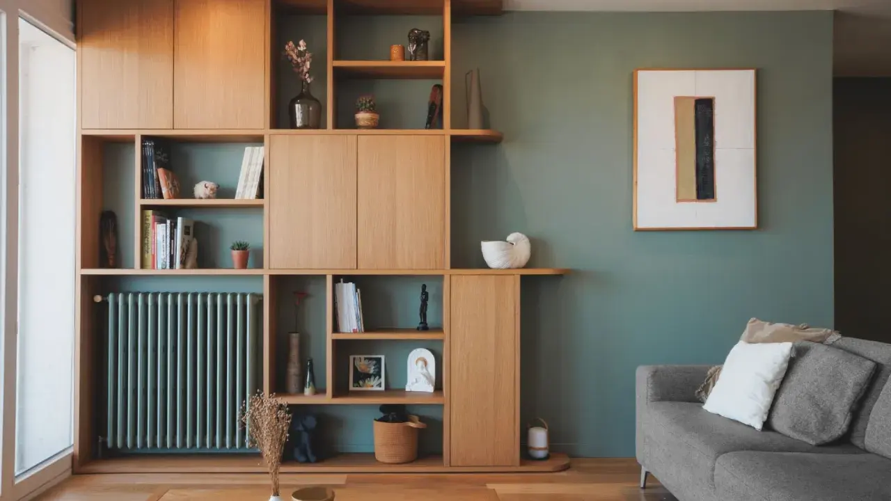 Agencement bibliothèque en bois clair, avec des étagères remplies de livres, vases et objets décoratifs. Un radiateur vert s'intègre parfaitement.