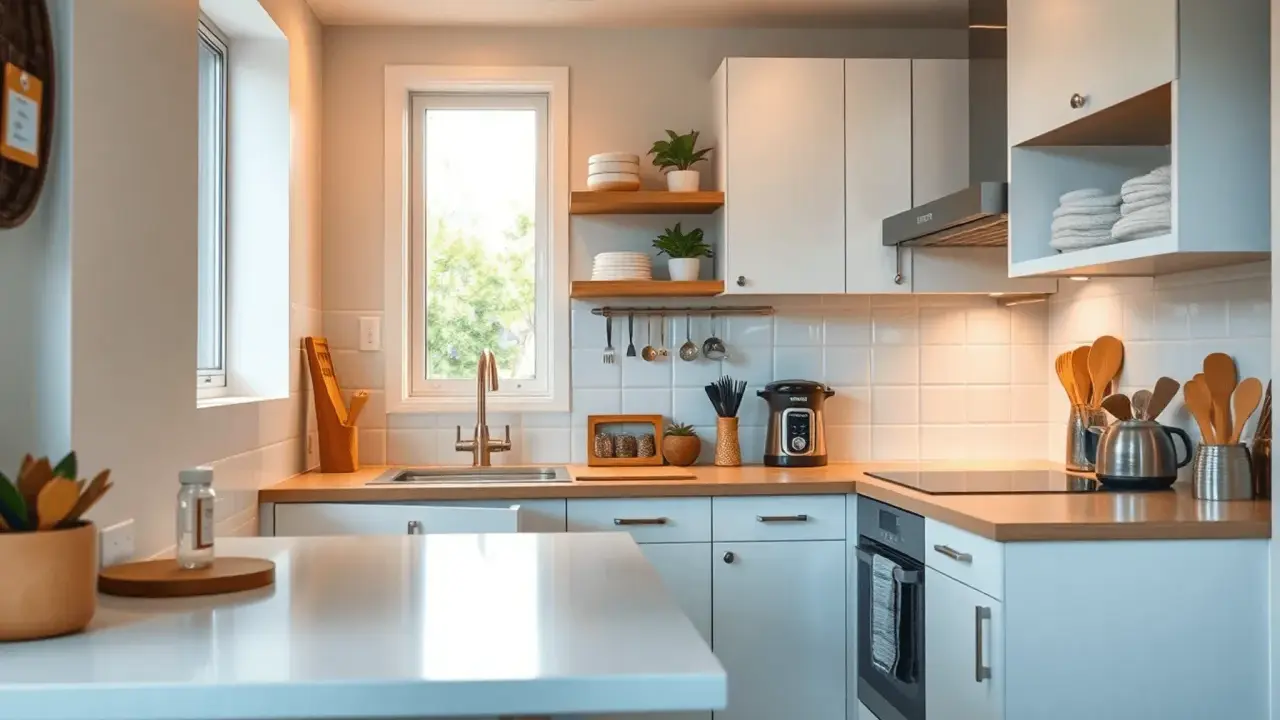Aménagement petite cuisine 4m2 : évier, plaques, four, rangements optimisés, vaisselle et ustensiles en bois.