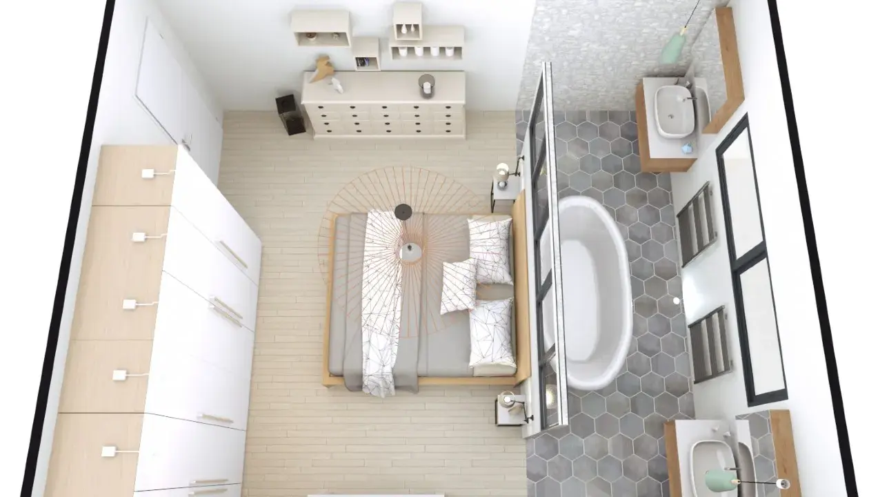 Chambre moderne avec lit, commode, armoire et une salle de bain attenante avec baignoire et lavabos. Une belle suite parentale.