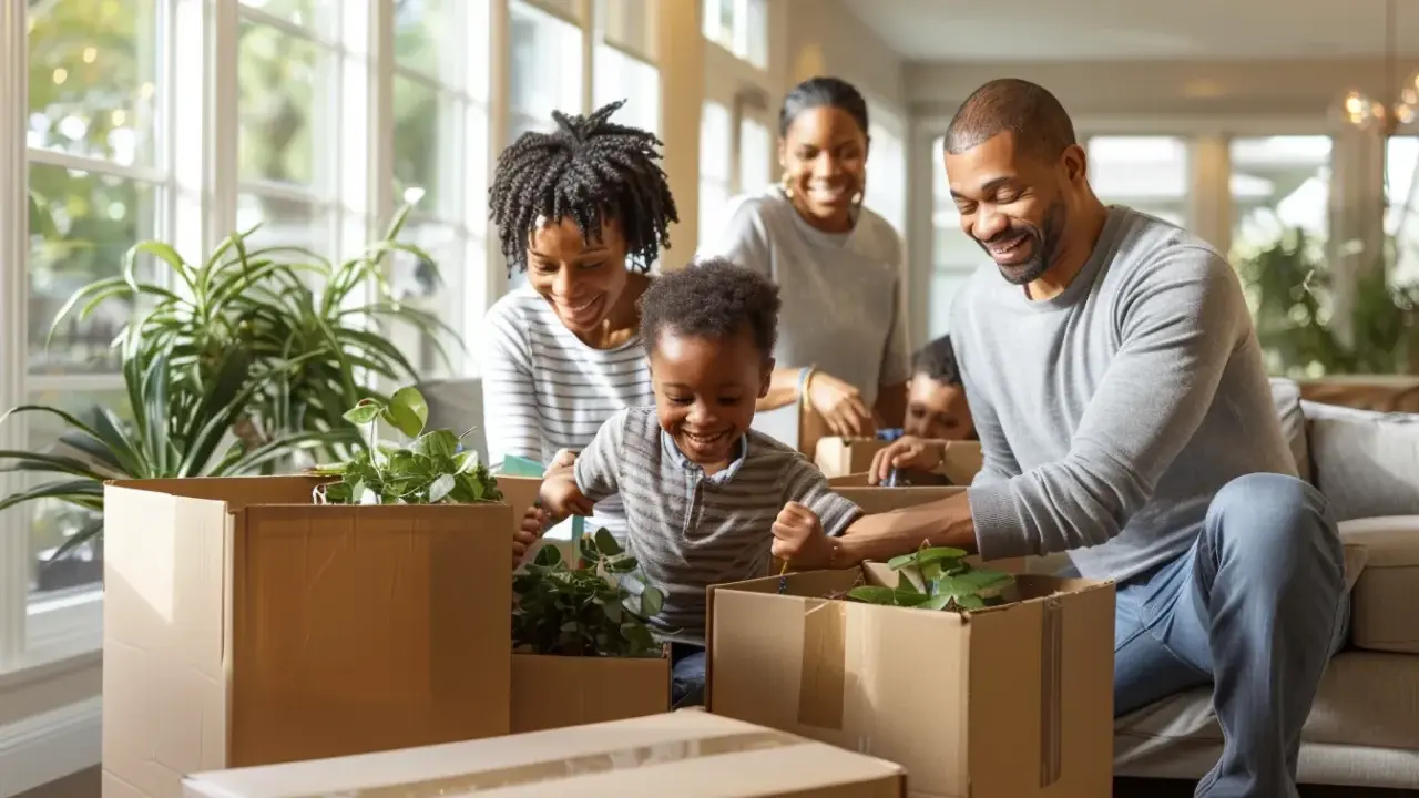 Famille souriante emballant des plantes pour un petit déménagement entre particuliers.