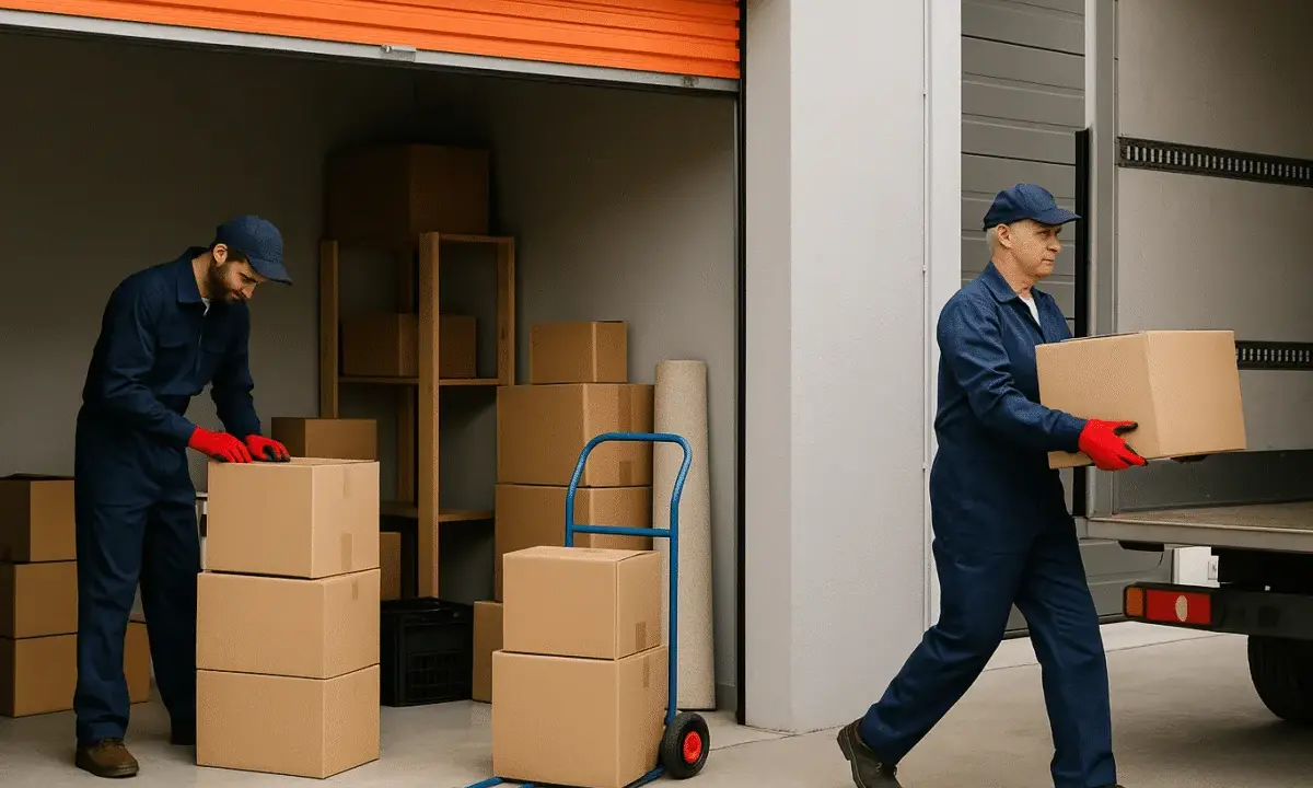 Deux déménageurs en bleu vident une cave, empilant des cartons près d'un camion.