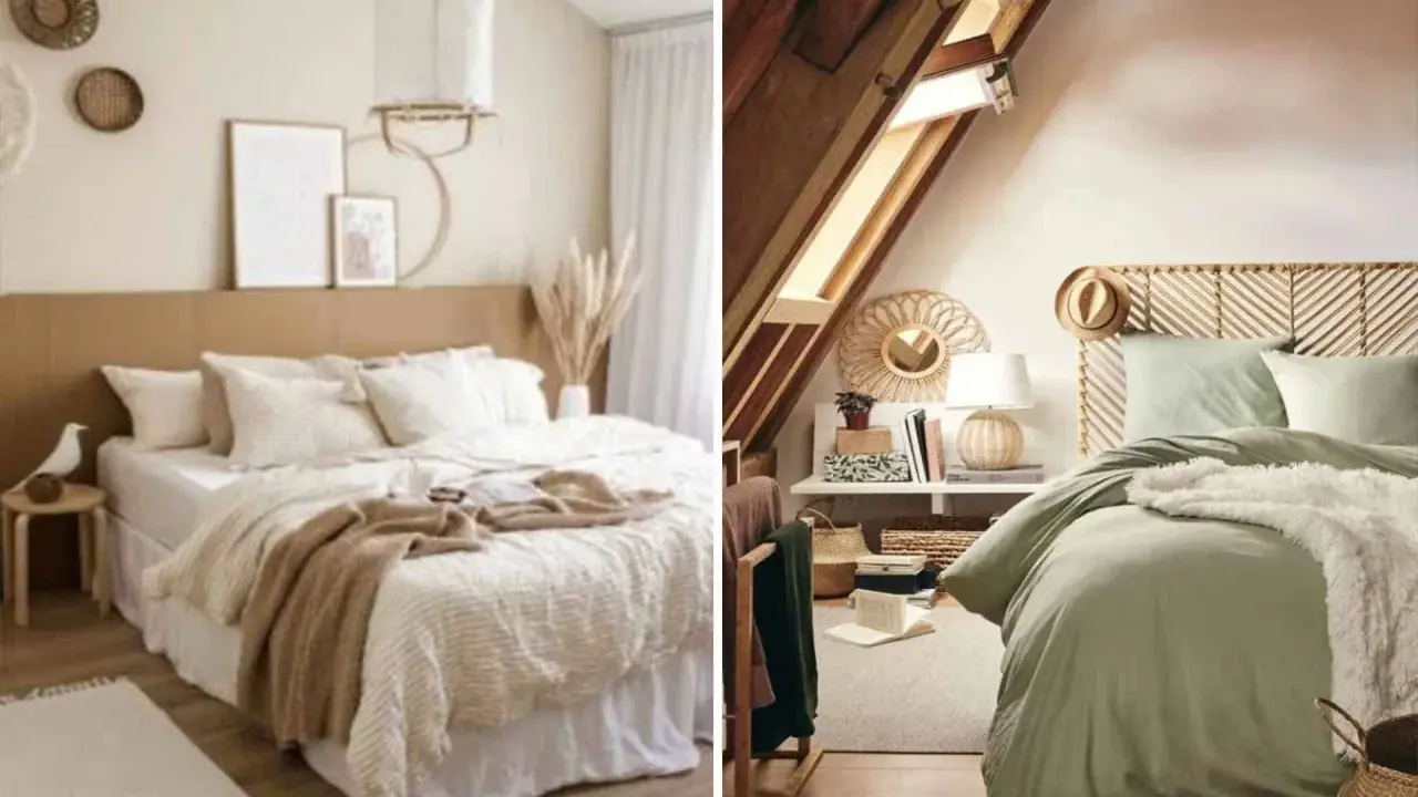 Deux chambres douillettes. L'une est une chambre beige et blanc avec un lit king-size et des décorations murales en rotin. L'autre est une chambre mansardée avec un lit vert sauge et une tête de lit en bois.