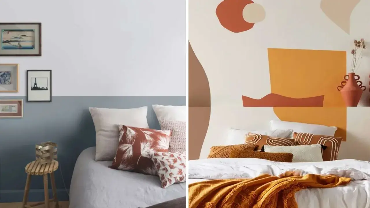 Deux lits douillets. À gauche, une tête de lit peinture originale avec des cadres. À droite, une tête de lit abstraite aux tons chauds.