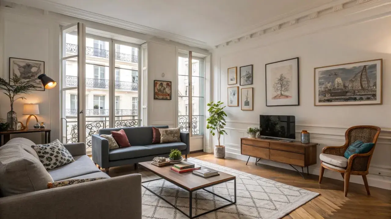 Un salon parisien avec un **mixer moderne et ancien** : canapés confortables, parquet, grandes fenêtres et une décoration chaleureuse.
