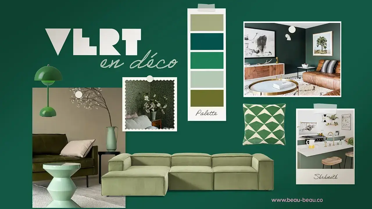 Moodboard déco vert : quelle couleur va bien avec le vert clair ? Inspiration salon, cuisine, palette de couleurs.