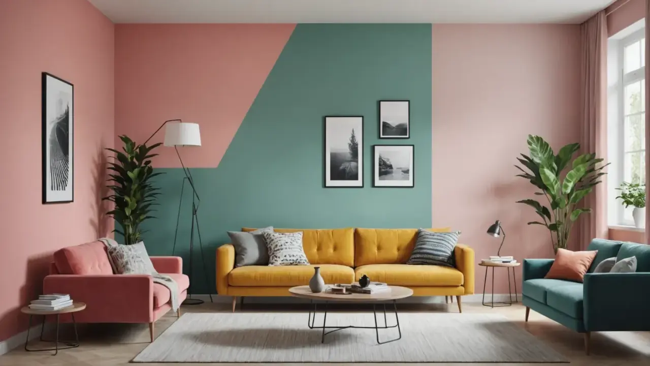 Salon moderne avec un mur deux couleurs différentes, rose et vert d'eau, agrémenté de tableaux. Canapés colorés et plantes vertes.