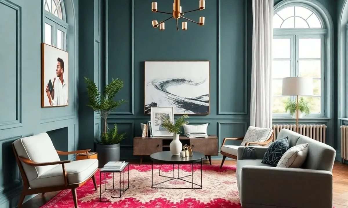 Salon aux murs bleu canard, tapis fuchsia audacieux et mobilier moderne. Une ambiance chic qui pourrait bien être la couleur tendance 2026.