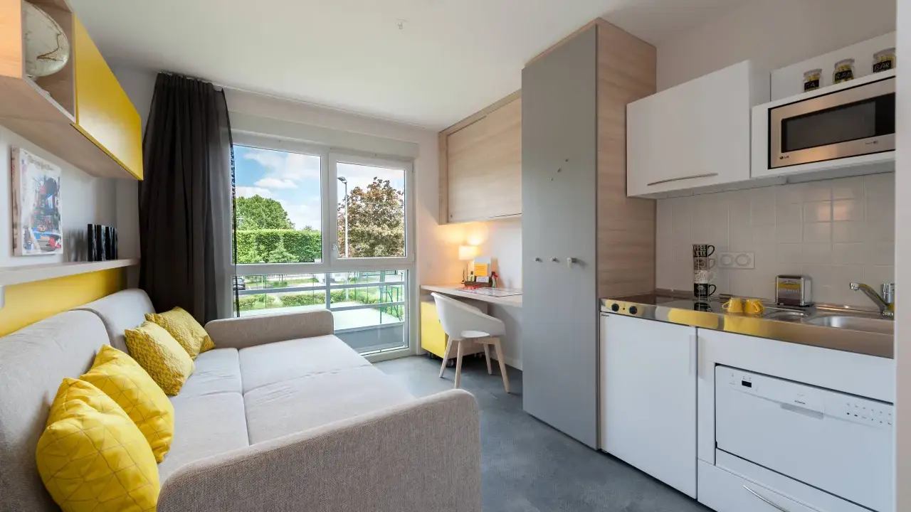 Aménagement studio moderne avec canapé, coin cuisine, bureau et vue sur jardin.