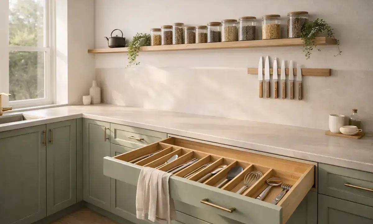 Tiroir ouvert montrant une organisation cuisine impeccable avec des couverts rangés. Des bocaux remplis d'ingrédients sont alignés sur une étagère.