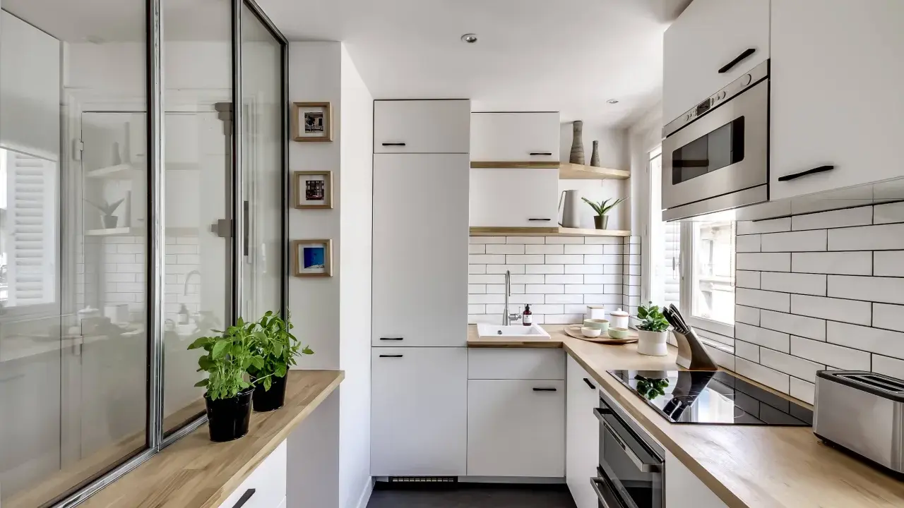 Plan d'une petite cuisine en U moderne et lumineuse, avec des placards blancs, un plan de travail en bois et un carrelage métro.