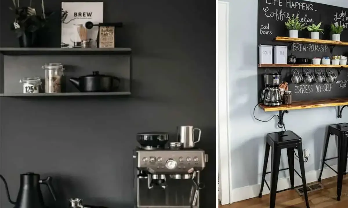 Aménager un petit coin café avec une machine expresso, des tasses suspendues et une étagère décorée de citations inspirantes.