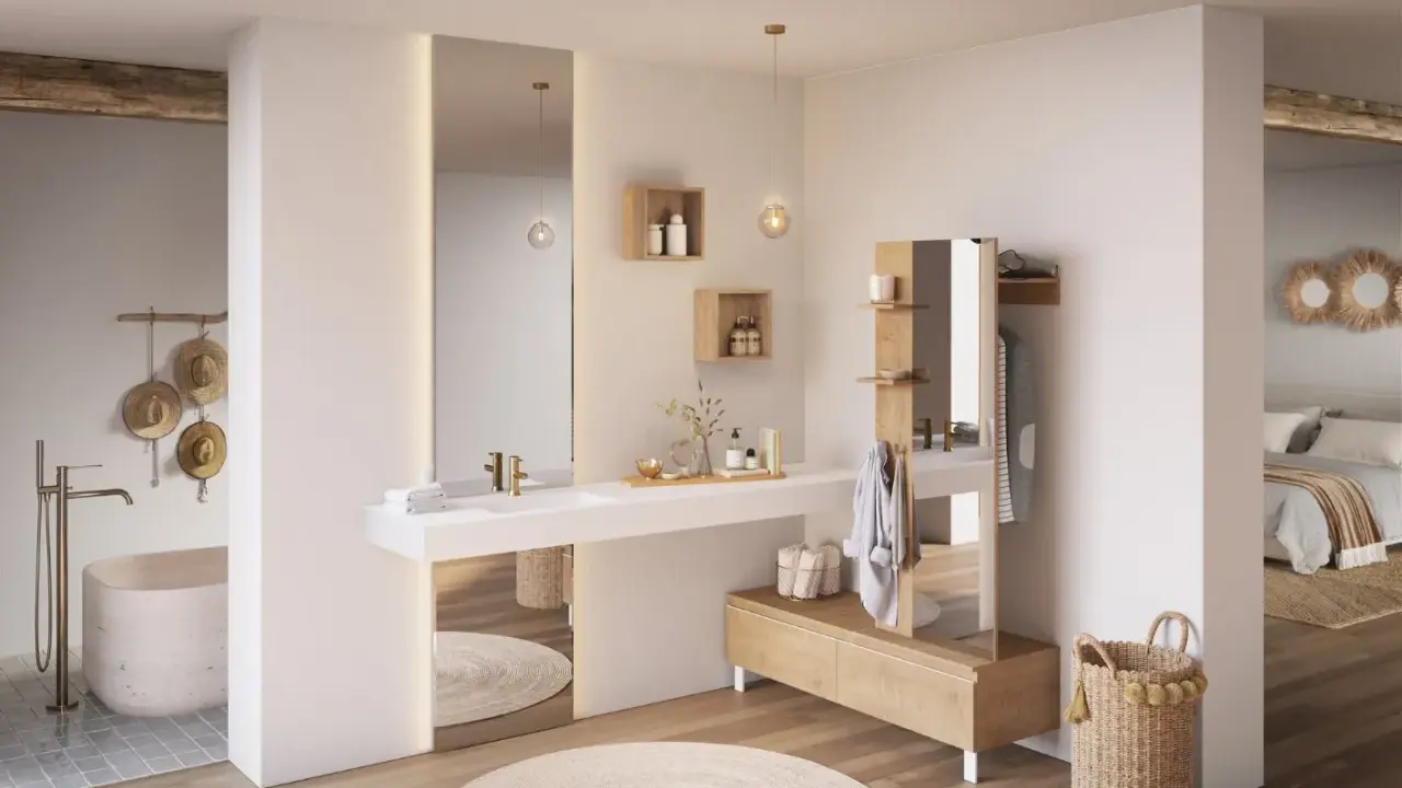 Salle de bain lumineuse avec baignoire, double vasque et dressing, créant une ambiance de suite parentale épurée et naturelle.