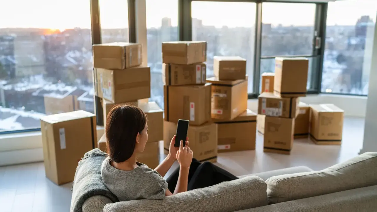 Une femme sur un canapé regarde son téléphone, entourée de cartons. Elle prépare son déménagement à Lyon.