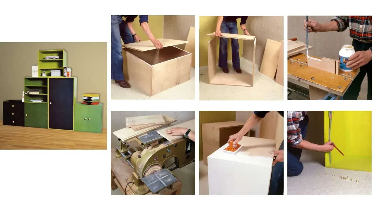 Étapes pour construire un meuble de rangement : assemblage de caissons en bois, ponçage et collage.
