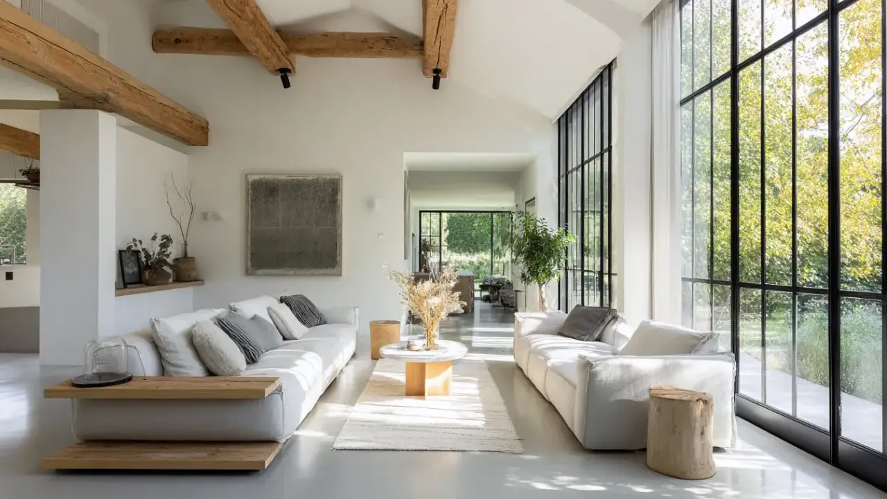 Salon lumineux avec poutres apparentes, rappelant l'esprit d'une maison hangar. Deux canapés blancs font face à une grande baie vitrée.