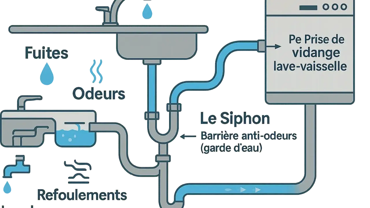 Schéma des canalisations : fuites, odeurs, refoulements et prise de vidange lave-vaisselle. Le siphon retient les odeurs.