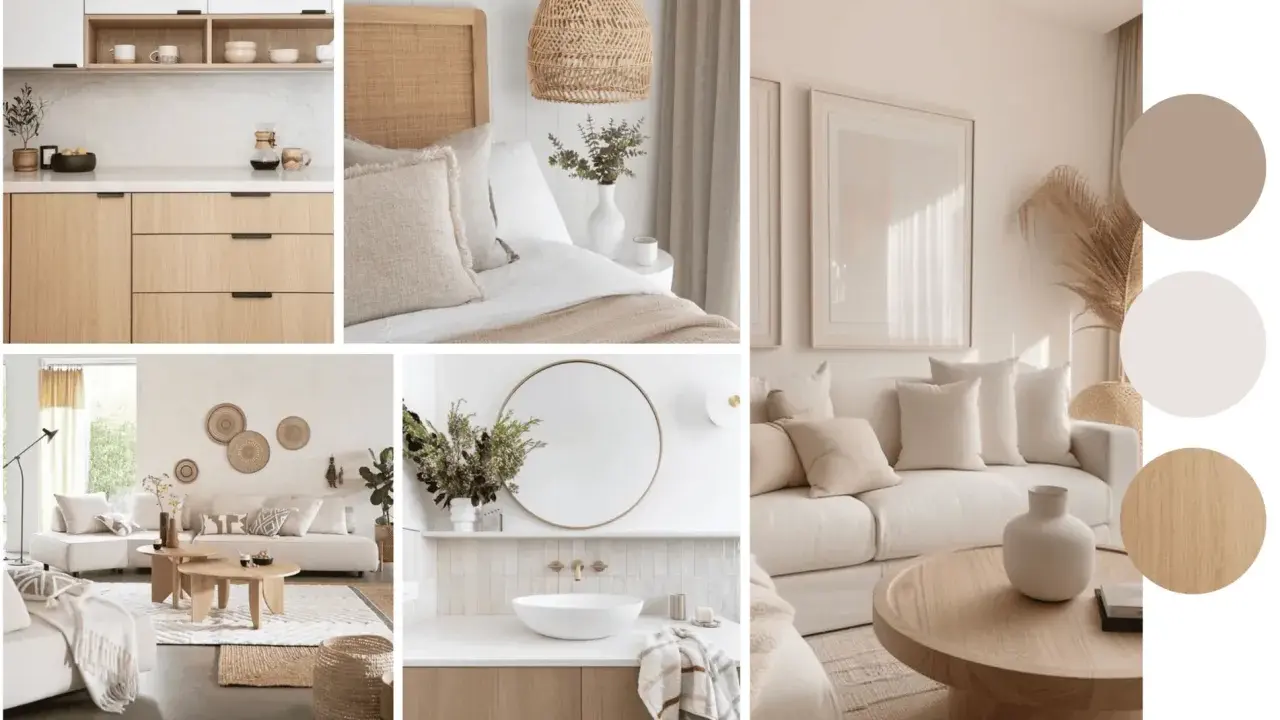 Ambiance douce et naturelle pour cette maison de rêve : cuisine épurée, chambre cosy, salon invitant et salle de bain zen.