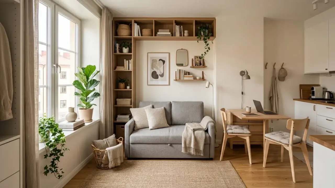 Petit appartement pour femme seule : canapé gris, étagères remplies, coin repas et cuisine fonctionnelle. Ambiance cosy et lumineuse.