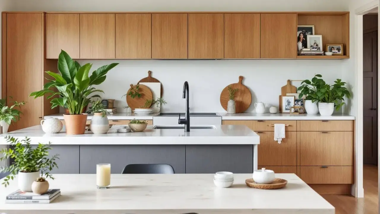Élégante déco cuisine moderne chic avec armoires en bois, îlot gris, plantes vertes et vaisselle en bois.