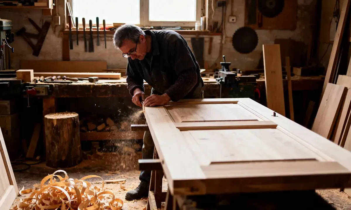 Un menuisier ébéniste travaille le bois dans son atelier, façonnant une porte avec précision. Des copeaux volent autour de lui.